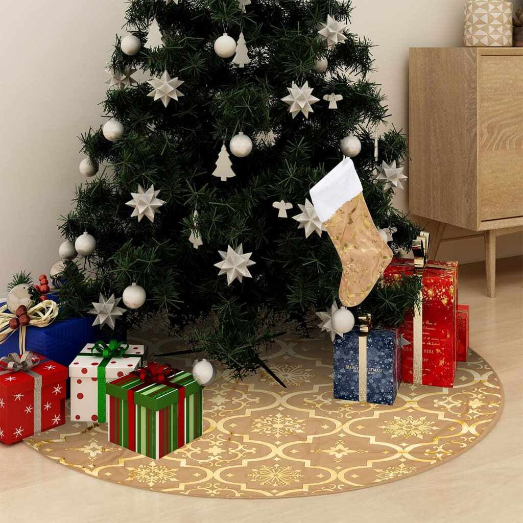 vidaXL Covor fustă de brad Crăciun cu șosetă, galben, 122 cm, țesătură