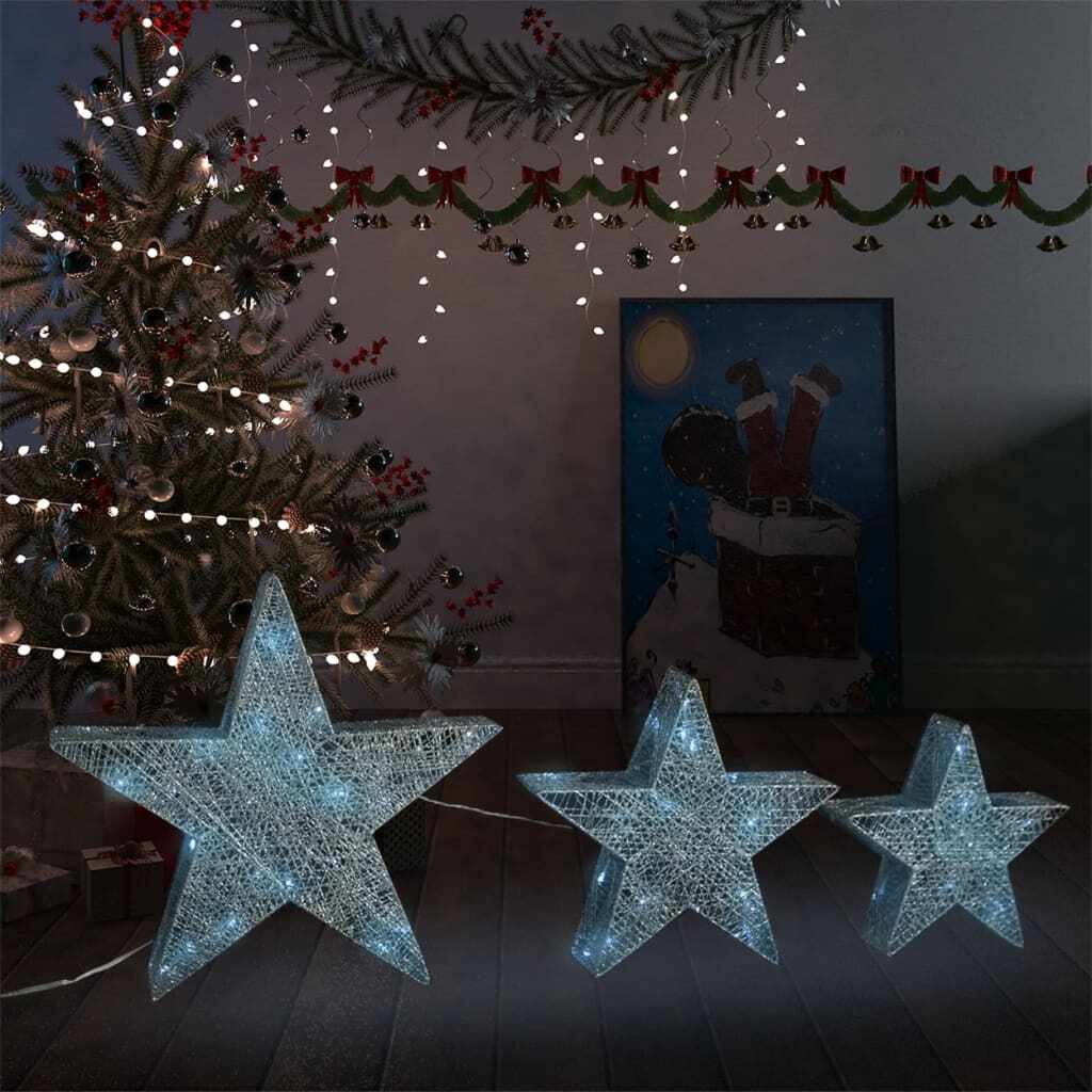 vidaXL Decor Crăciun stele 3 buc. plasă argintie LED exterior/interior