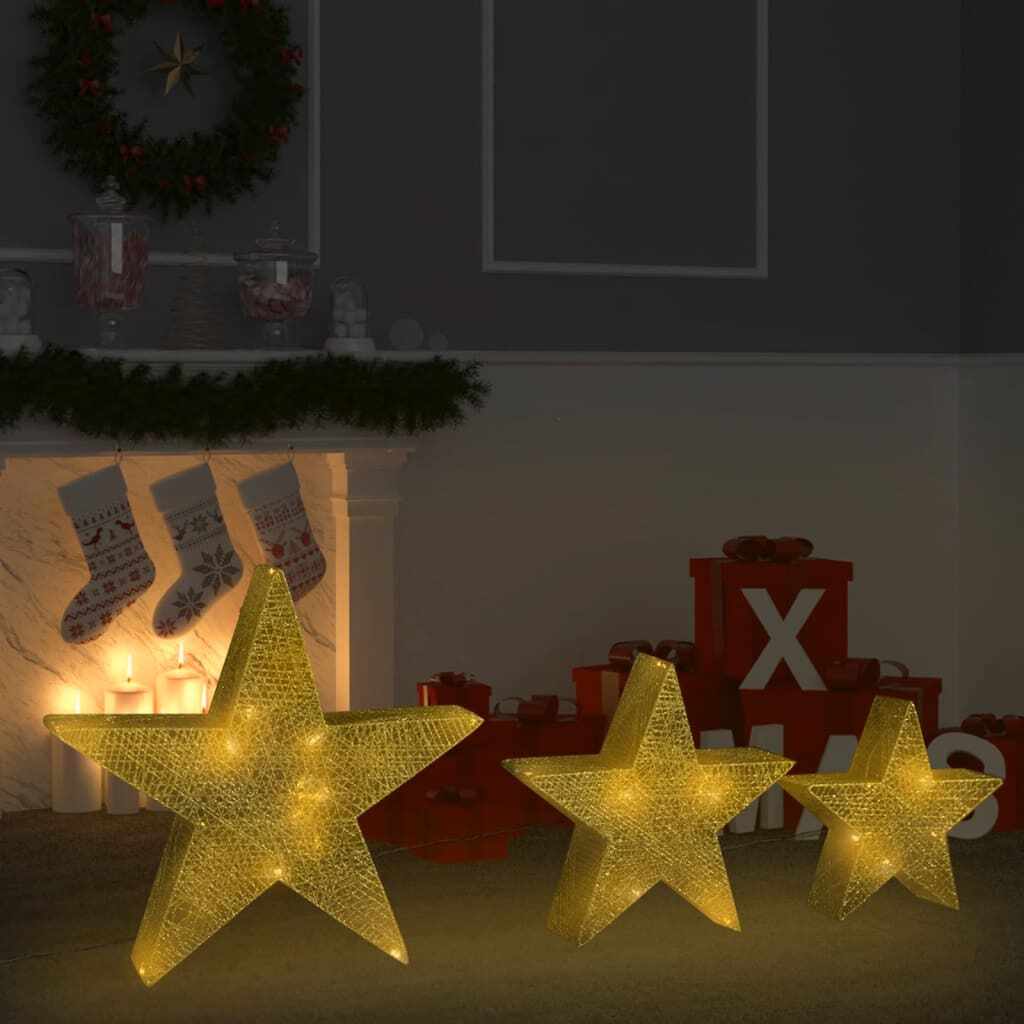 vidaXL Decor Crăciun stele 3 buc. plasă aurie & LED exterior/interior