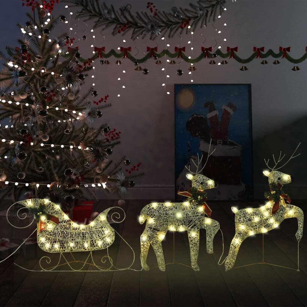 vidaXL Decor de Crăciun cu reni și sanie, 60 LED-uri, auriu, exterior 