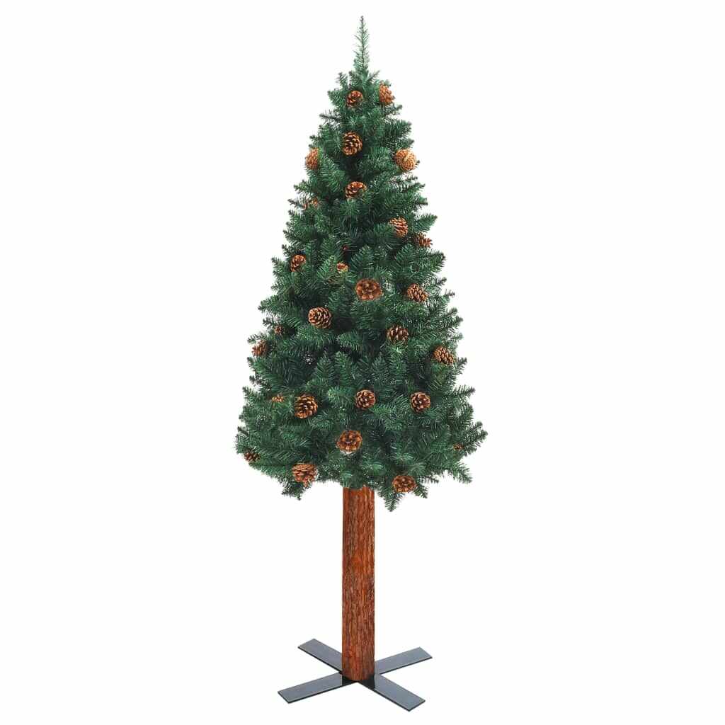 vidaXL Pom Crăciun artificial subțire lemn și conuri verde 210 cm PVC