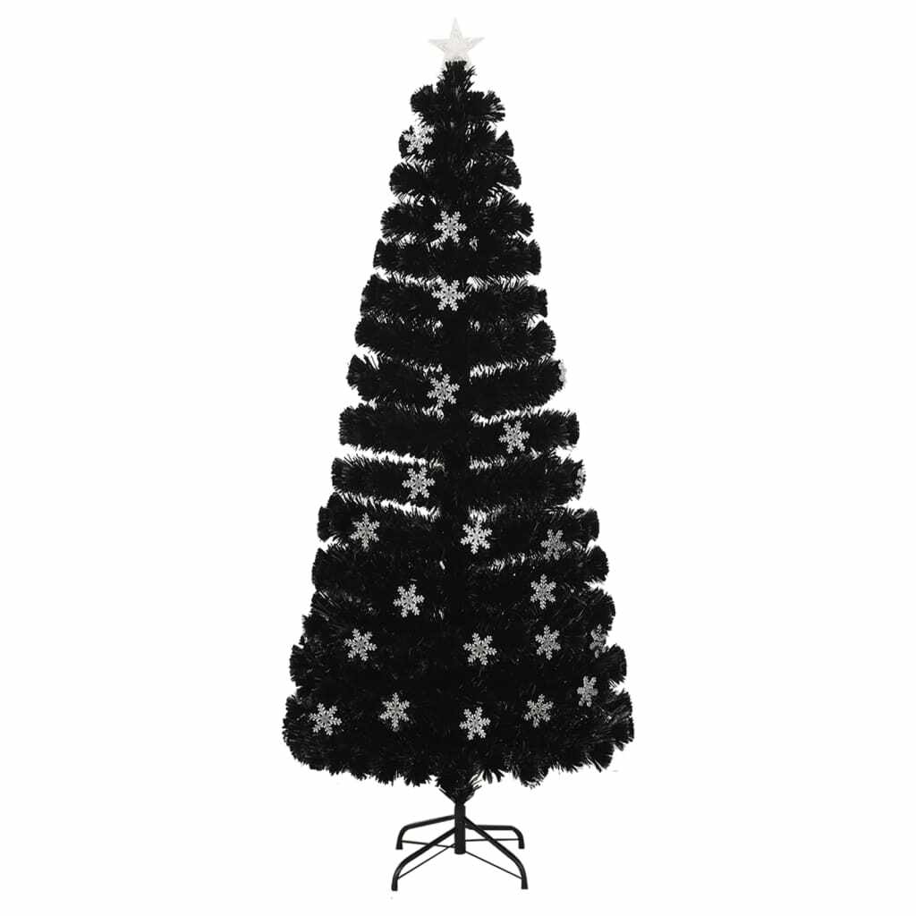 vidaXL Brad Crăciun cu LED fulgi de zăpadă, negru 210 cm fibră optică