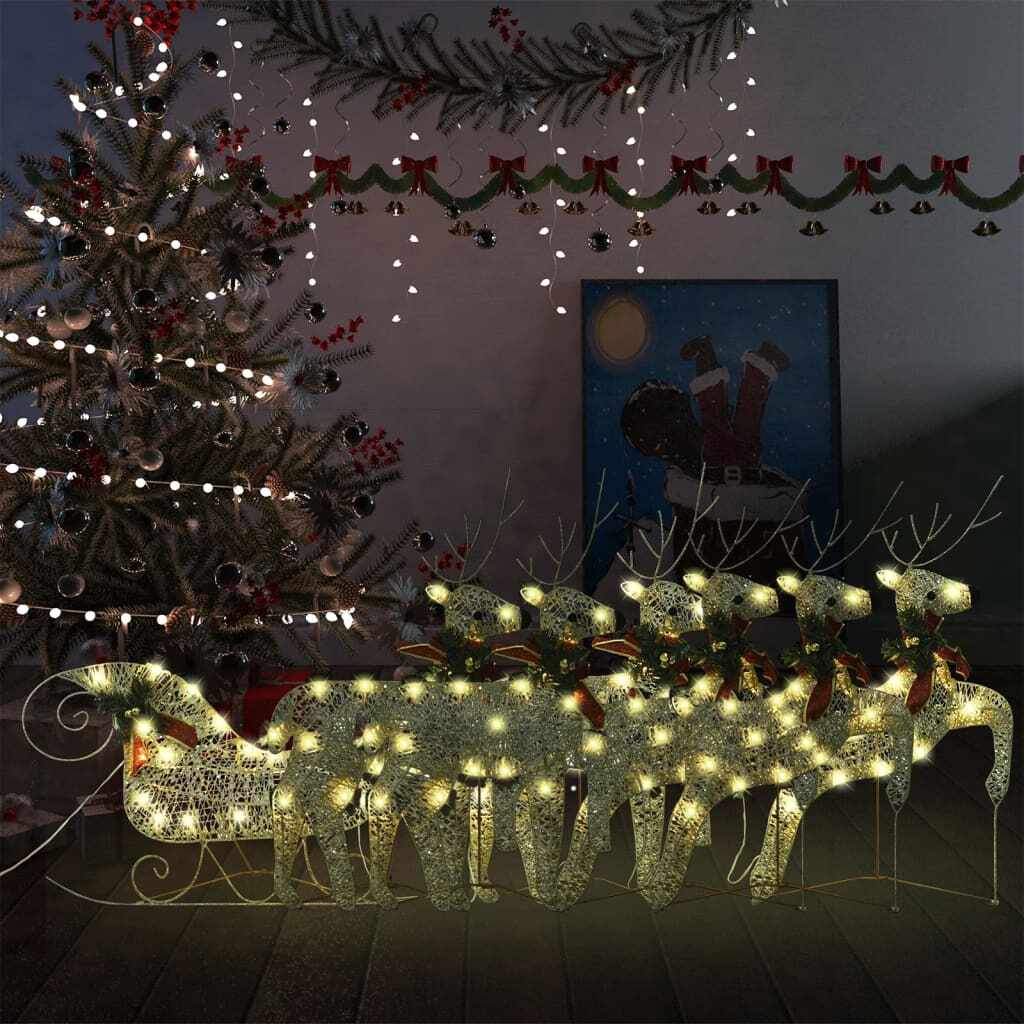 vidaXL Decor de Crăciun cu reni și sanie, 140 LED-uri, auriu, exterior